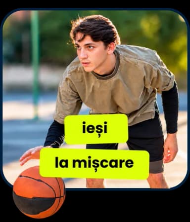 Un tânăr driblează o minge de baschet: „ieși la mișcare”